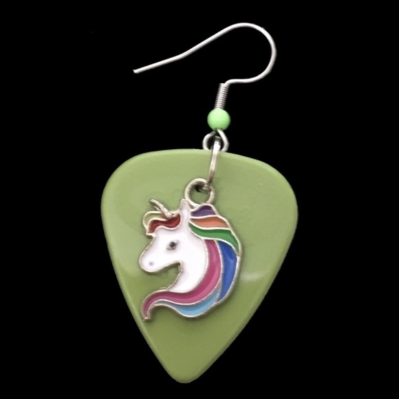 HAND Crafted Drop Earrings Unicorns Repurposed Guitar Picks Lime Green - Picture 3 of 6